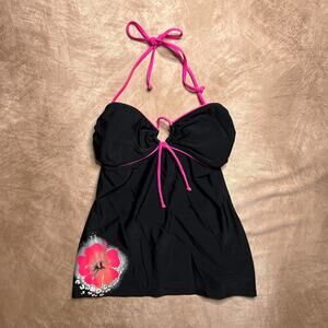 Vintage Y2K Hobie Hibiscus Floral Halter Swim Top Black Pink Surfer Indie Sleaze